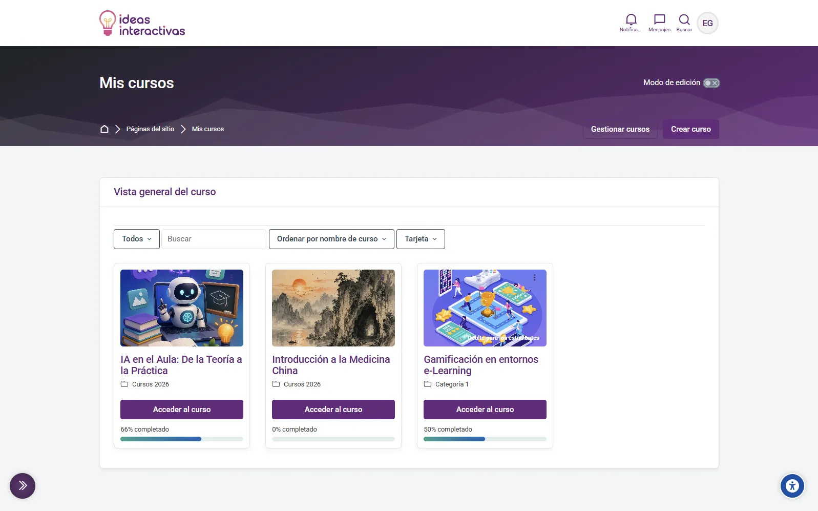 Lista de cursos en plataforma e-Learning