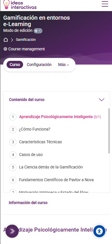 Vista de curso en dispositivo móvil