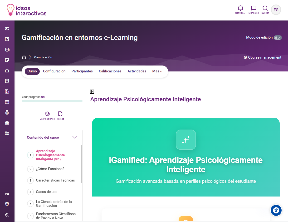 Vista de un curso en la plataforma